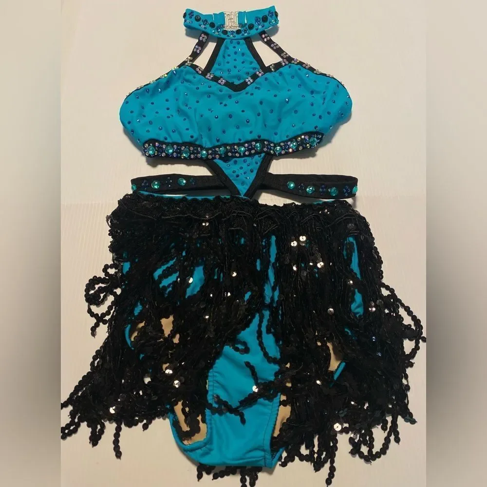 Rare Glamour competition solo dance costume teal fringe sassy jazz SA adult